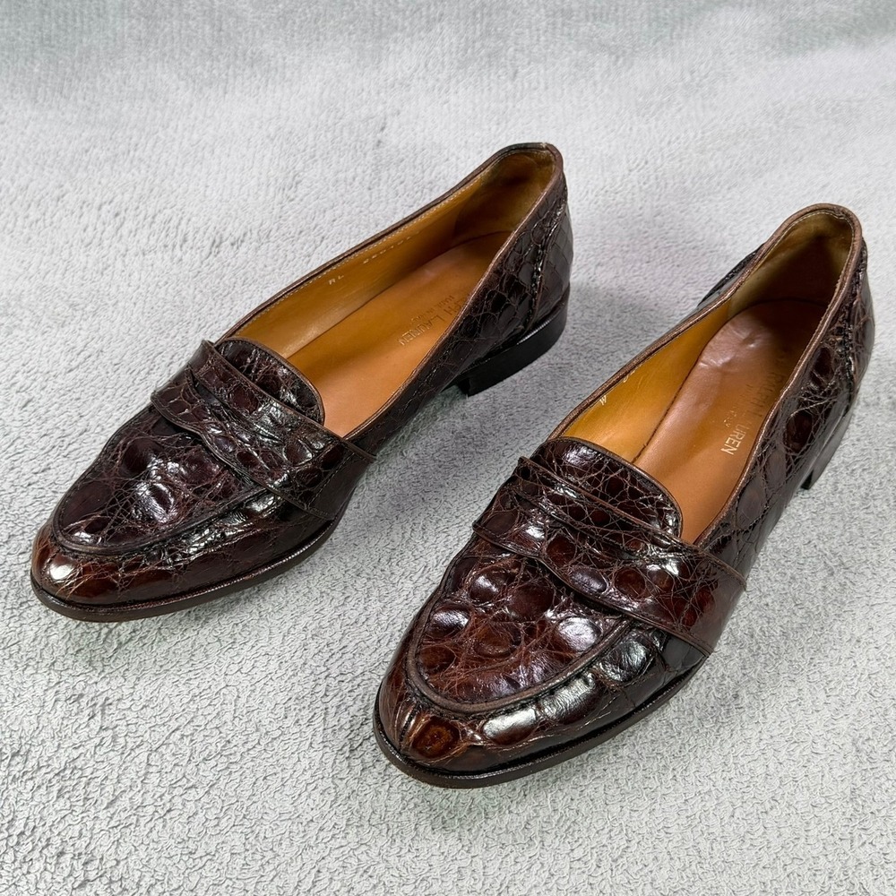 Ralph Lauren Womens 8.5 Brown Crocodile Leather Penny Loafers Made in Italy Luxe